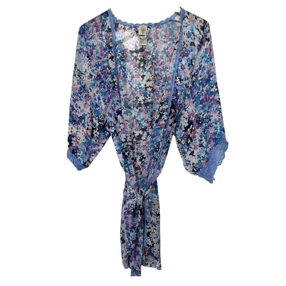 In Bloom by Jonquil Women's Long Sleeves Tie Belt Lace Trim Robe Floral Size M